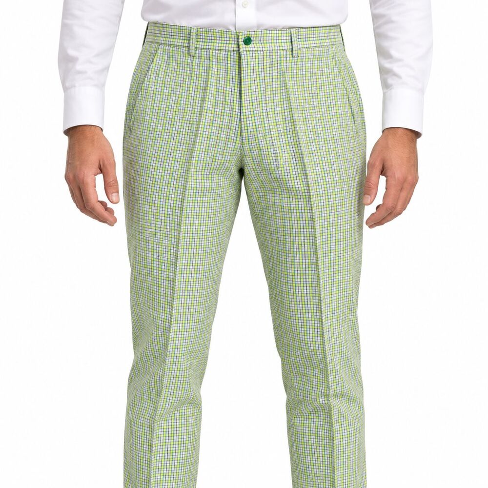 Mens 36 Green Yellow Plaid Seersucker Cotton Slim Fit Flat Front Dress Trousers